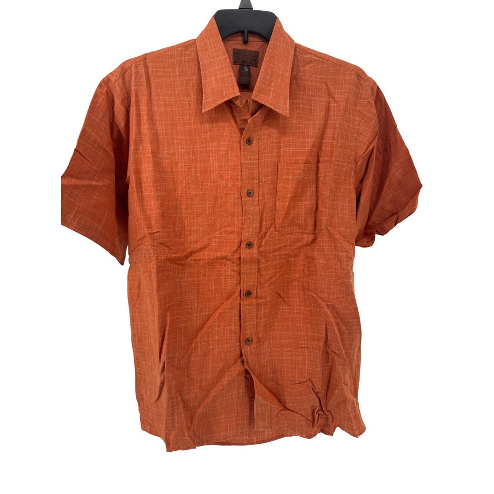 Born Linen Bamboo Shirt Large Mens‎ Orange Plaid Short Sleeve Button Up Vacation